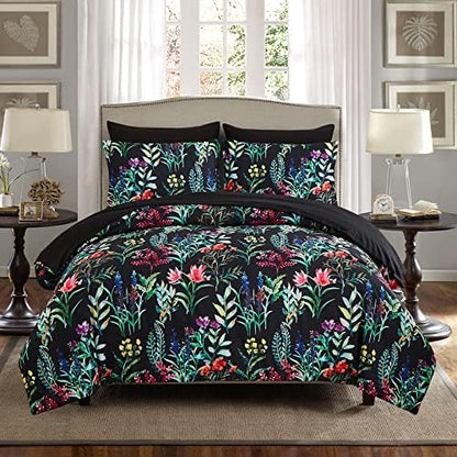 DHSFKBE 7 Piece Bed in a Bag Floral Comforter Set, Botanical Flowers Comforter and Sheet Set, Soft Microfiber Lightweight Bedding Comforter Set for All Season(Dark Floral, King)