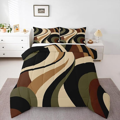 Green Brown Spiral Twin Comforter Set for Adult Women Men Modern Swirls Stripes Abstract Bedding Set for Minimalists Boho Aesthetic Geometric Bed Sets Graffiti Art Lines Quilt Duvet Insert