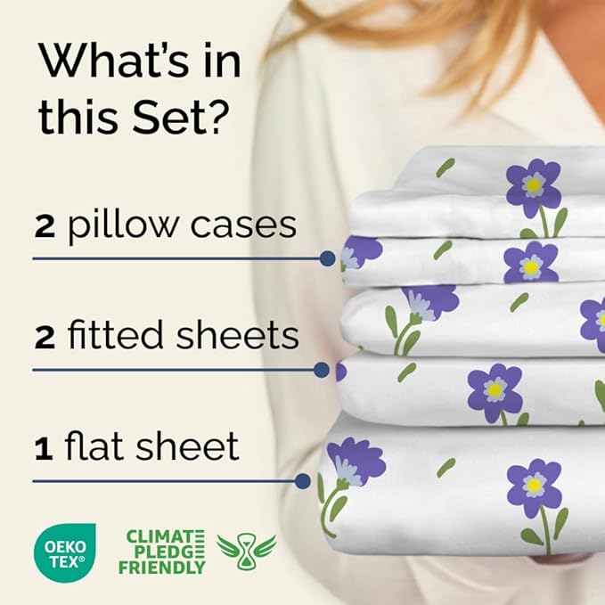 Floral Sheets - Purple Floral Bed Sheet Set - 1 Flat, 2 Fitted & 2 Pillowcases w/ Deep Pockets - Wrinkle & Fade Free - Boho Botanical Bedding - Ultra-Soft, Breathable & Cooling - Split King Size Set