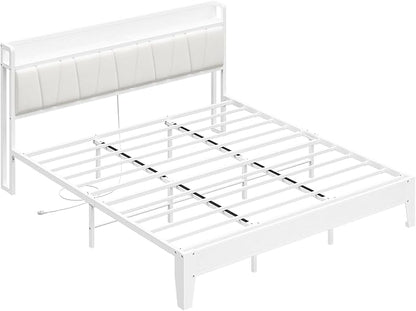 LIKIMIO King Bed Frames, PU Leather Storage Headboard with Charging Station, Solid and Stable, Noise Free, No Box Spring Needed, Easy Assembly, White