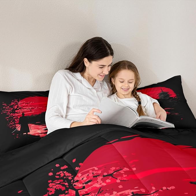 Erosebridal Samurai Comforter Set, Sunset Bedding Set, Japanese Samurai Warm Soft Down Comforter, Scenery Silhouette Bedroom Decor 3Pcs Duvet Set for Men Boys Teens, Full Size