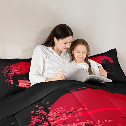 Erosebridal Samurai Comforter Set, Sunset Bedding Set, Japanese Samurai Warm Soft Down Comforter, Scenery Silhouette Bedroom Decor 3Pcs Duvet Set for Men Boys Teens, Full Size