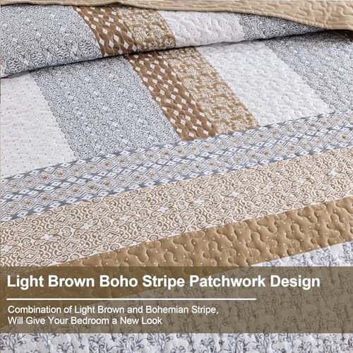 WONGS BEDDING Brown King Quilt Bedding Set, Bohemian Stripe Bedspread