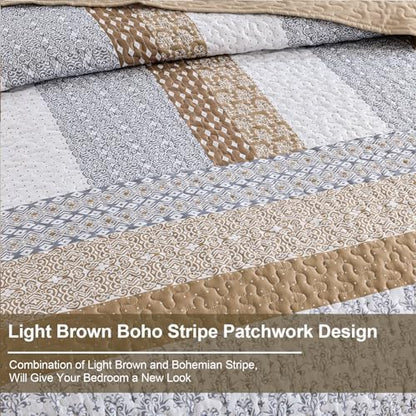 WONGS BEDDING Brown Queen Quilt Bedding Set, Bohemian Stripe Bedspread