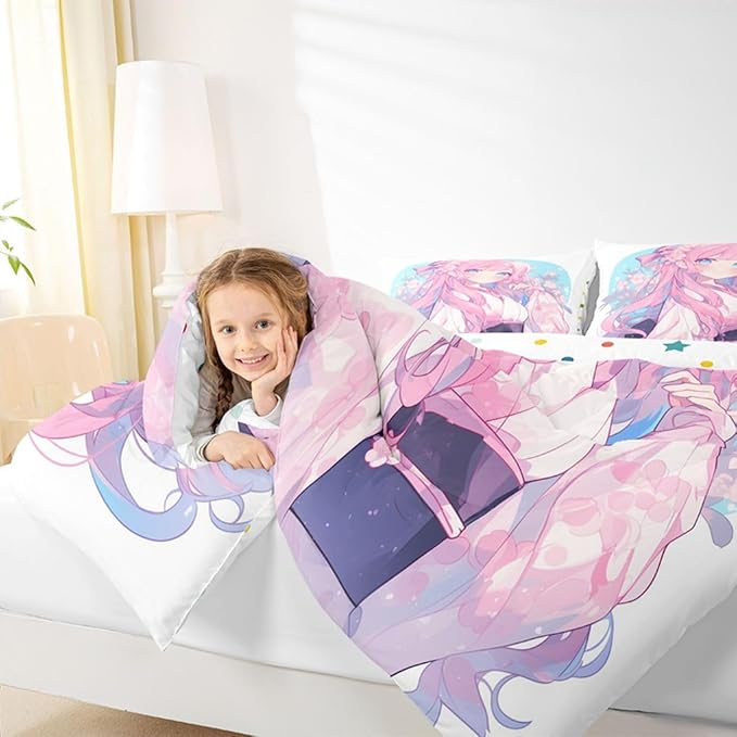 Erosebridal Girls Bedding Japanese Style Comforter Set Queen, 3D Anime Girl Duvet Insert Cartoon Kawaii Kimono Girl Bedding Comforter Sets Romantic Gifts for Her