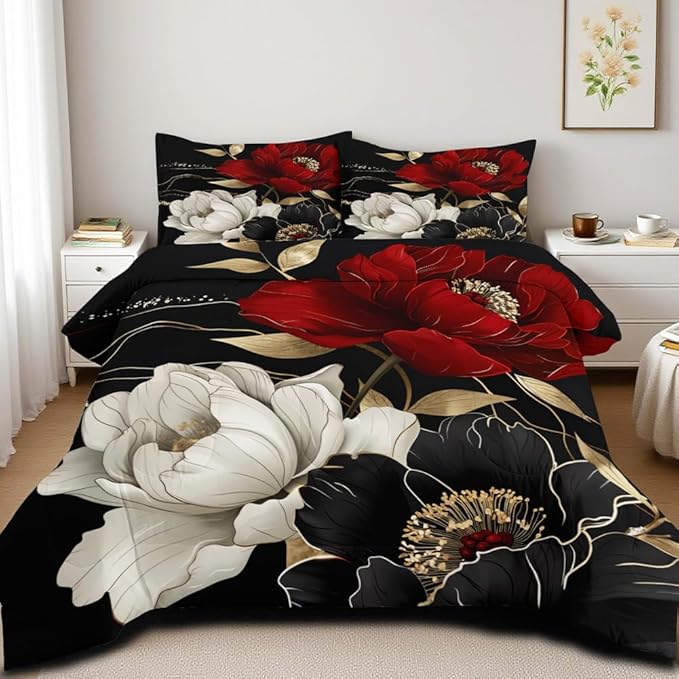 Floral Comforter Set Queen 3Pcs Red Black Vintage Flower Bedding Set for Women Retro Elegant Aesthetic Bedding Super Soft Down Alternative Comforter Sets with 2 Pillowcases