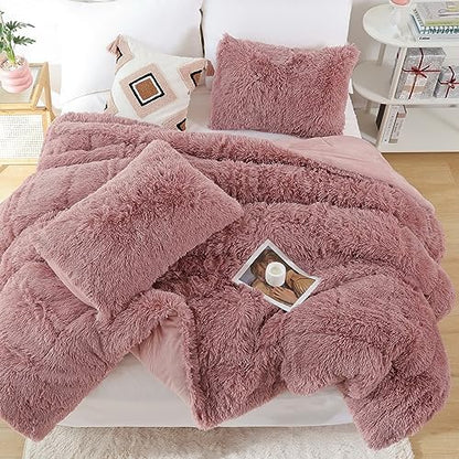 Smoofy Fluffy King Size Comforter Set, Old Pink Faux Fur Comforter Set 3Pcs