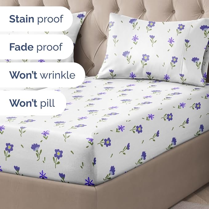 Floral Sheets - Purple Floral Bed Sheet Set - 1 Flat, 2 Fitted & 2 Pillowcases w/ Deep Pockets - Wrinkle & Fade Free - Boho Botanical Bedding - Ultra-Soft, Breathable & Cooling - Split King Size Set