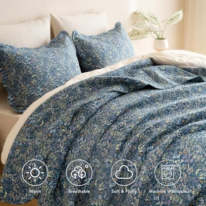 Lady Ann 100% Cotton Queen Quilt, Navy Blue Floral Botanical Pattern Printed Queen Bedding Sets, 3 Pcs Vintage Lightweight Quilted Coverlet Ultra Soft Bedspread Set for All Season