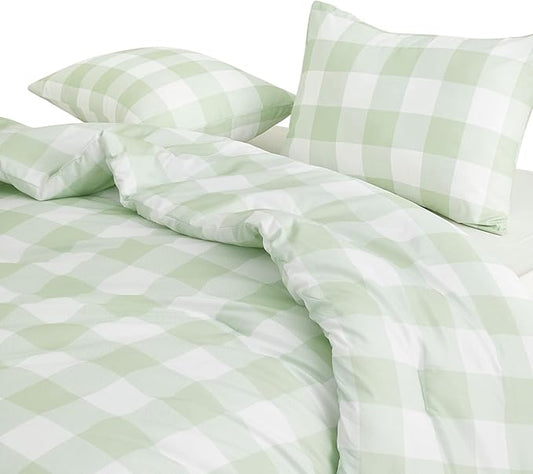 Wake In Cloud - Gingham Comforter Set, Plaid Buffalo Check Checkered Cottagecore Cute Geometric, Soft Lightweight Bedding, 3 Pieces, Sage Green, Queen Size