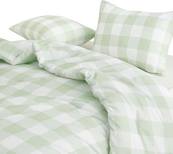 Wake In Cloud - Gingham Comforter Set, Plaid Buffalo Check Checkered Cottagecore Cute Geometric, Soft Lightweight Bedding, 3 Pieces, Sage Green, Twin/Twin XL Size