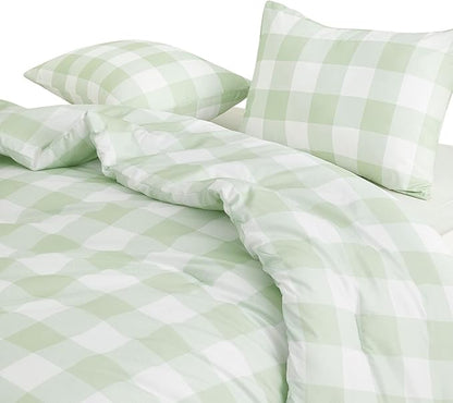 Wake In Cloud - Gingham Comforter Set, Plaid Buffalo Check Checkered Cottagecore Cute Geometric, Soft Lightweight Bedding, 3 Pieces, Sage Green, Twin/Twin XL Size
