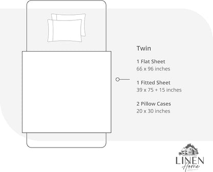Linen Home 100% Cotton Percale Sheet Set, Twin Size, Ivory, Deep Pocket, 4 Pieces Set - 1 Flat, 1 Deep Pocket Fitted Sheet and 2 Pillowcases, Crisp Cool and Strong Bed Linen