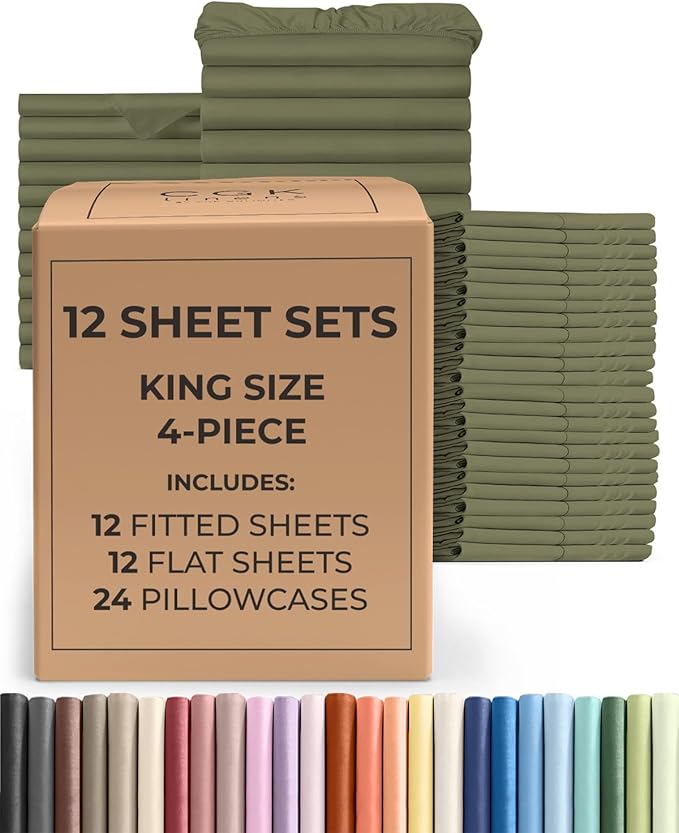 Bulk Case Pack of 12 Sheet Sets - (12) Complete King Size Sheet Sets with Deep Pockets - Wholesale Bulk Bedding for Hotels, Spas & Airbnbs - Breathable, Cooling and Wrinkle Free - (King, Sage Green)