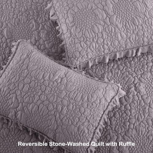 HORIMOTE HOME Shabby Chic Ruffled Quilt Twin Size, Grey Purple Stone-Washed Microfiber Lightweight Crinkled Farmhouse Rustic Bedding Set, 2 Pieces Reversible Bedspread with Pillow Sham for All Season