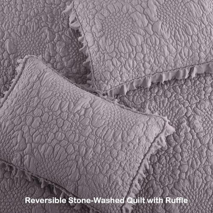 HORIMOTE HOME Shabby Chic Ruffled Quilt Twin Size, Grey Purple Stone-Washed Microfiber Lightweight Crinkled Farmhouse Rustic Bedding Set, 2 Pieces Reversible Bedspread with Pillow Sham for All Season