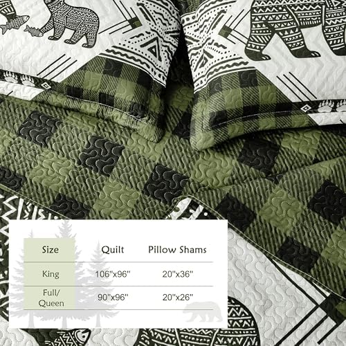 3 Piece Cabin Full/Queen Quilt Sets Farmhouse Rustic Reversible Microfiber Soft Lightweight Bedspread Comforter with 2 Shams Patchwork Country Lodge Bedding Quilts Set for All Season, 90''x96'', Green