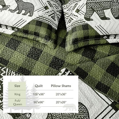 3 Piece Cabin Full/Queen Quilt Sets Farmhouse Rustic Reversible Microfiber Soft Lightweight Bedspread Comforter with 2 Shams Patchwork Country Lodge Bedding Quilts Set for All Season, 90''x96'', Green