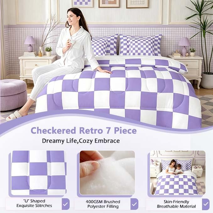 Feelyou Checkered Retro Comforter Set with Sheets 7 Piece Full Size Purple Plaid Bedding Set for Kids Boys Girls Geometric Vintage Bed in a Bag Modern Simple Groovy Aesthetic Room Decor Soft