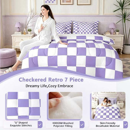 Feelyou Checkered Retro Comforter Set with Sheets 7 Piece Full Size Purple Plaid Bedding Set for Kids Boys Girls Geometric Vintage Bed in a Bag Modern Simple Groovy Aesthetic Room Decor Soft