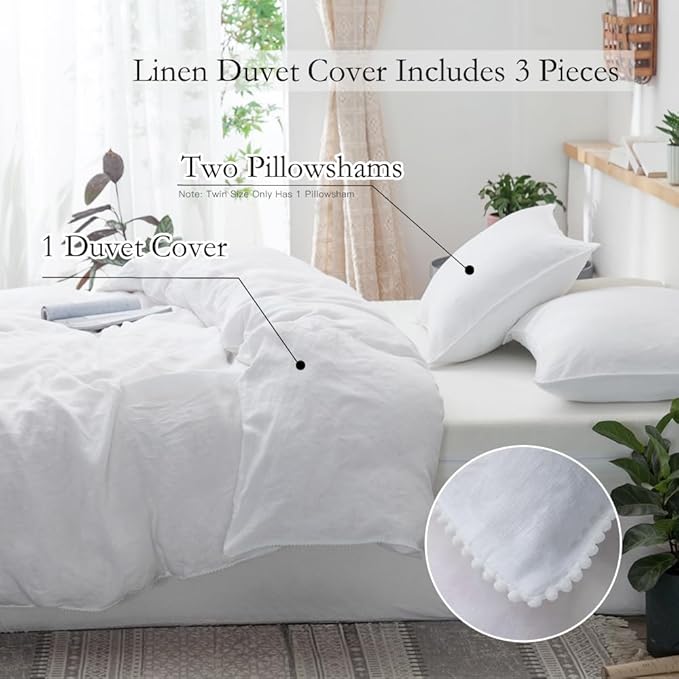 Simple&Opulence 100% Washed Linen Duvet Cover with Pom Pom Trim, Natural French Flax Bedding Set Soft Breathable,1 Farmhouse Boho Comforter Cover and 2 Pillow Shams(Queen,Pure White)