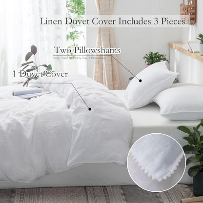 Simple&Opulence 100% Washed Linen Duvet Cover with Pom Pom Trim, Natural French Flax Bedding Set Soft Breathable,1 Farmhouse Boho Comforter Cover and 2 Pillow Shams(Queen,Pure White)