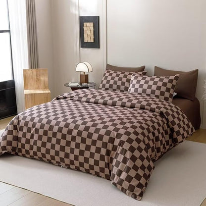 CLOTHKNOW Brown Plaid Comforter Sets Twin/Twin XL 3Pcs Grid Bedding Comforter Sets Dark Brown Checker Comforter Checkered Bedding Sets