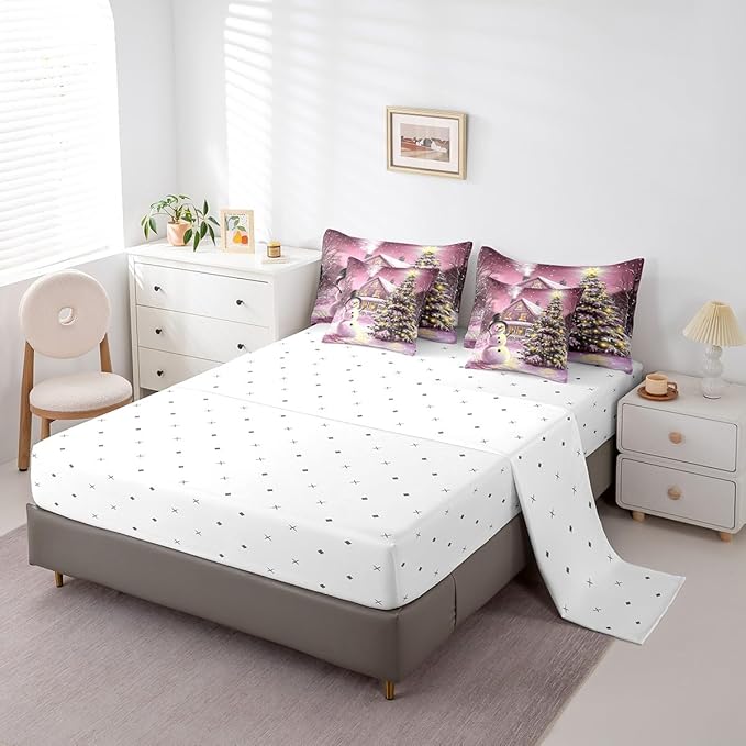 Castle Fairy Cute Xmas Snowman 7 Pieces Bedding Set Full Bed in a Bag,Rustic Farmhouse Cabin Outdoor Christmas Tree Comforter Set,Happy New Year Soft Warm Microfiber Bedding