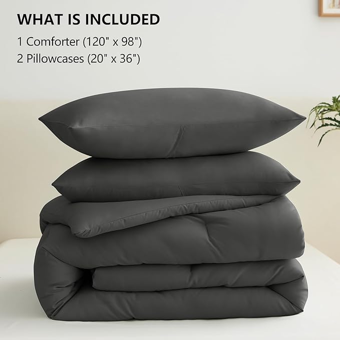 CozyLux Oversized King Comforter Set Dark Grey, 3 Pieces 120x98 Solid Breathable Bedding Sets All Seasons, Dark Gray Luxury Soft Lightweight Bed Set with Down Alternative Comforter and 2 Pillowcases