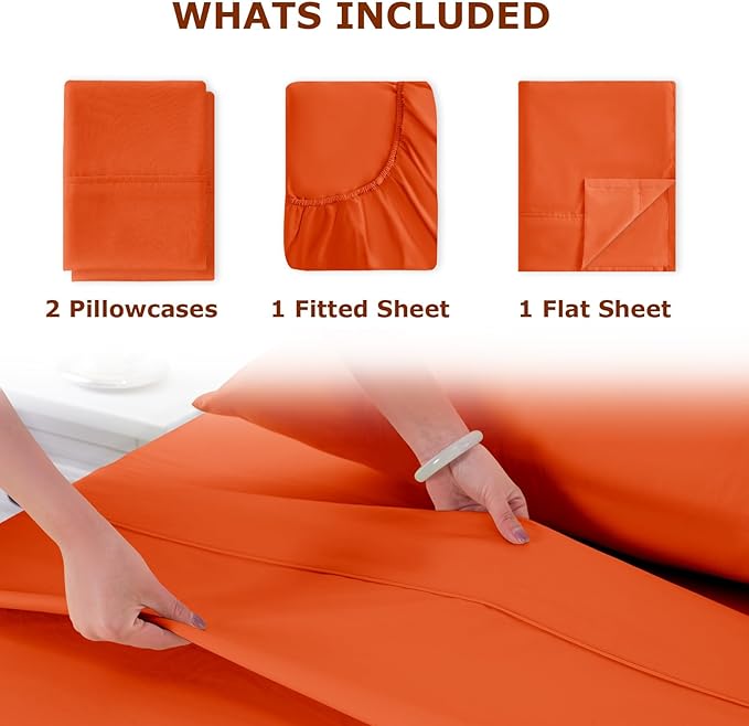 Queen Size Terracotta Bed Sheet Set - 4 Piece Soft Microfiber Sheets with Deep Pockets, Cooling Technology, and Wrinkle-Free Pillowcase. Hotel-Quality, Durable Bedding, Bright Orange