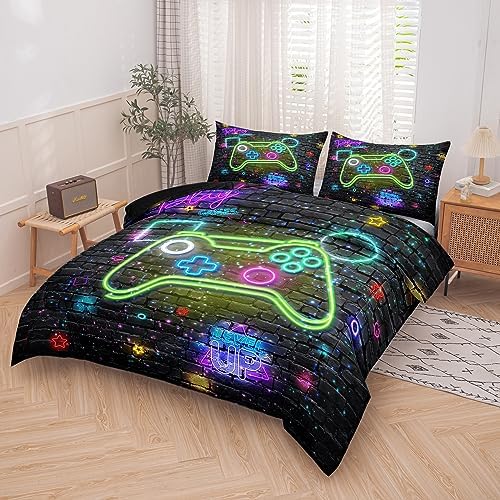 MWMWMW 5 Piece Gaming Comforter Sets for Boys, Boys Queen Size Bedding Sets, Gamer Bedding Set for Kids Girls with 1 Flat Sheet, 1 Fitted Sheet, 2 Pillowcases and 1 Comforter