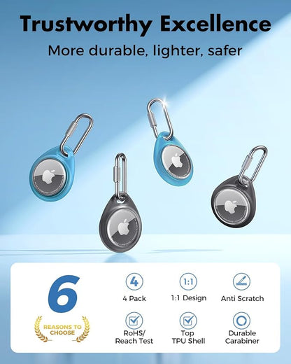 UNBREAKcable for AirTag Holder Case with Professional Carabiner, 4 Pack | Waterproof, Shockproof, Hold Securely, Easy to Install, Protective AirTag Keychain for Keys, Pets, Luggage-Trans Blue&Black