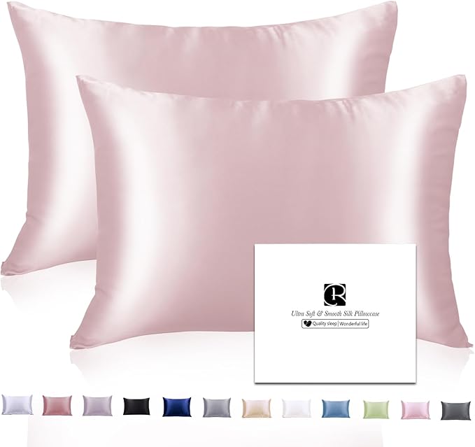 Silk Pillowcase 2 Pack for Hair and Skin with Hidden Zipper, Ravmix Both Sides 21Momme Mulberry Silk Pillowcases Set of 2, Standard Size 20×26inches, Soft Pink