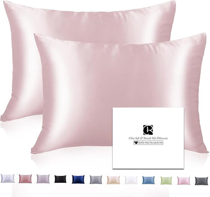 Silk Pillowcase 2 Pack for Hair and Skin with Hidden Zipper, Ravmix Both Sides 21Momme Mulberry Silk Pillowcases Set of 2, Standard Size 20×26inches, Soft Pink