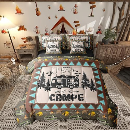 Erosebridal Camping 7 Piece Bedding Set Twin for Teens Adult Camper Bedding,Rustic Farmhouse Style Comforter Set Bed in a Bag Happy Camping Black Sketch Drawing Duvet Insert Travel Car Sheet Set
