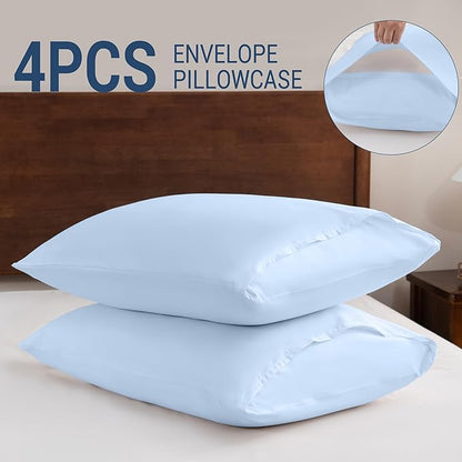 Pillowcases Standard 4 Pack, 20x26 Pillow Cases with Envelope Closure, Soft Plain Brushed Microfiber Covers Breathable Wrinkle-Resistant, Light Blue