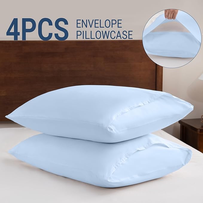 Pillowcases Queen 4 Pack, 20x30 Pillow Cases with Envelope Closure, Soft Plain Brushed Microfiber Covers Breathable Wrinkle-Resistant, Light Blue