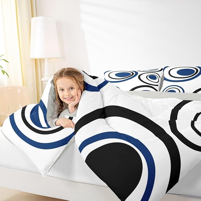 Erosebridal White Blue Black Striped King Bedding Set Modern Circle Abstract Comforter Set for Adult Women Men Contemporary Graffiti Lines Bed Collections Minimalists Aesthetic Boho Duvet Quilt Sets