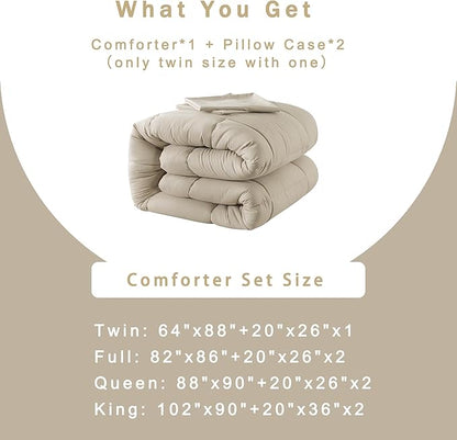 DOWNCOOL King Size Comforter Set -All Season Bedding Comforters Sets with 2 Pillow Cases -3 Pieces Bed Set Down Alternative King Bedding Set -Beige King Comforter Set(102"x90")