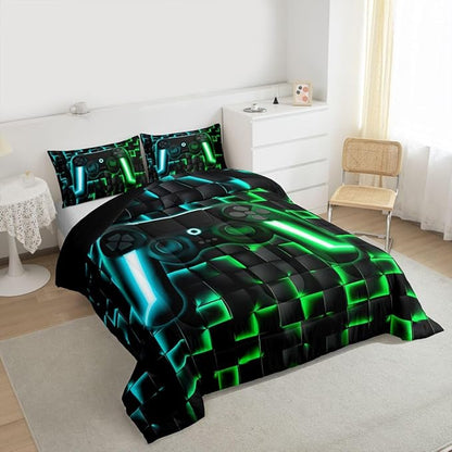 Erosebridal Gaming Queen Comforter Set for Boys Kids Gamer Bedding Sets 3D Geometric Ombre Gamepad Bed Comforter Set for Teen Men Neon Lights Video Game Quilt Duvet Soft Lightweight for All Season