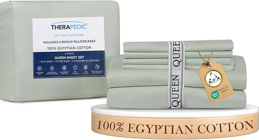Therapedic 100% Egyptian Cotton Queen 6-Piece Sheet Set – Naturally Cooling & Breathable Sateen, Preshrunk Garment Wash, 16" Deep Pocket Fitted Sheet, Bonus Pillowcases, Soft & Durable - Sage