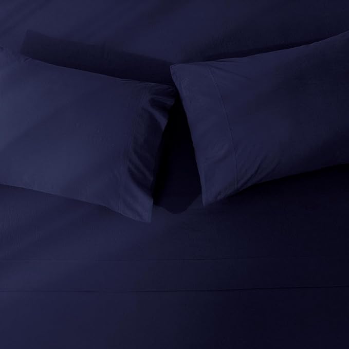 JIYUAN King Size Sheet Set, 4-Piece - 100% Washed Cotton, Linen-Like Soft & Breathable, Includes Deep Pocket Fitted & Flat Sheet with 2 Pillowcases, Hotel Quality, Solid Navy Blue