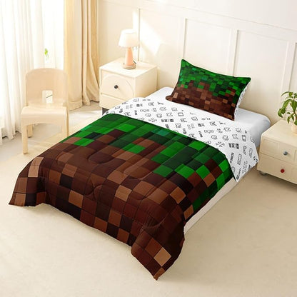 Manfei Pixelated Girls Bedding Set Twin Size,Patchwork Grid Video Games Comforter Set,Miners Lattice Simple Quilt Comforter Girls Boys Teens,Dark Green Brown Room Decor All Season,1 Pillowcase
