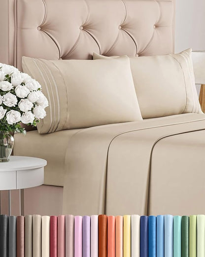 Queen Size 4 Piece Sheet Set - Comfy Breathable & Cooling Bed Sheets Set - Hotel Luxury Bedding for Women, Men, Kids & Teens - Deep Pockets, Easy Secure Fit, Soft and Wrinkle Free - Oeko-Tex - Wheat