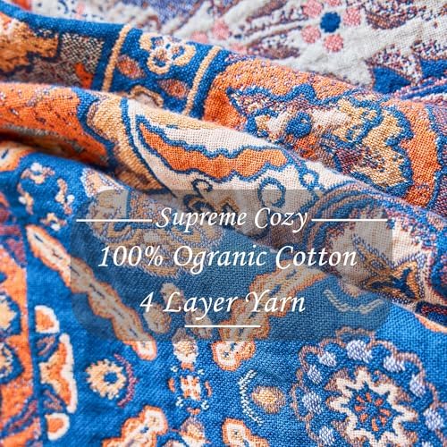 VANJOROY Boho Throw Blanket for Bed Couch 60" x 80", 100% Organic Cotton Skin-Friendly Ultra Soft Quilt Throw - Floral Rustic Living Room Decor Luxury Reversible Blanket for Sofa Chair and Gift