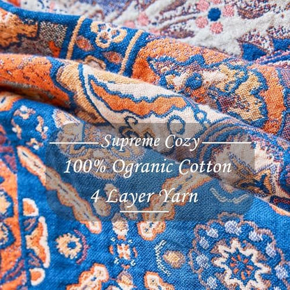 VANJOROY Boho Throw Blanket for Bed Couch 60" x 80", 100% Organic Cotton Skin-Friendly Ultra Soft Quilt Throw - Floral Rustic Living Room Decor Luxury Reversible Blanket for Sofa Chair and Gift