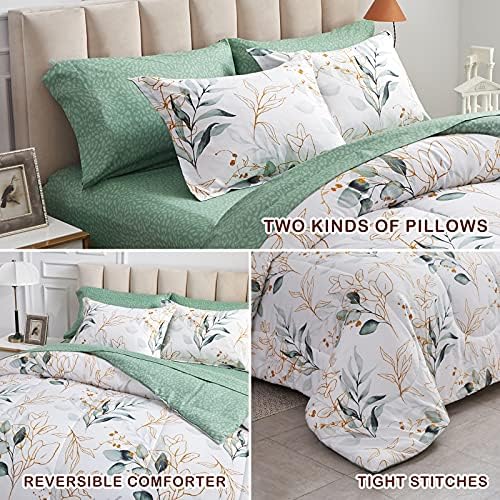 Joyreap 7 Piece Bed in a Bag California King, Green Leaves Print on White Botanical Design, Microfiber Floral Bedding Comforter Set for All Season