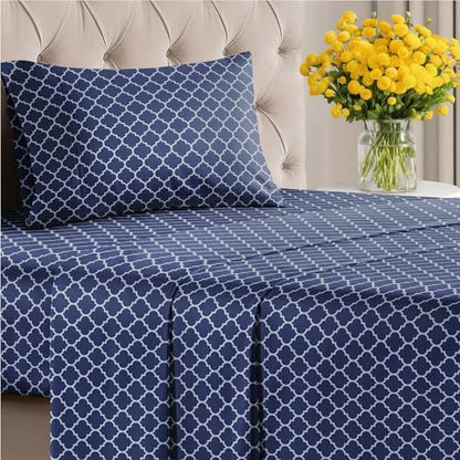 Twin XL 3 Piece Striped Sheet Set - Breathable & Cooling - Navy Quatrefoil
