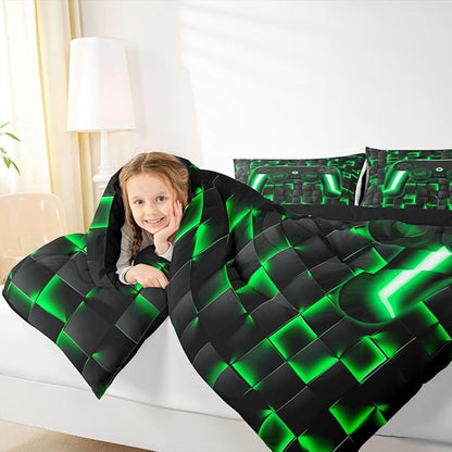 Erosebridal Gamer Comforter King Bedding Sets for Boys 3D Geometric Gaming Comforter Set for Kids Girls Men,Neon Ombre Checkered Game Console Bed Set Lightweight Quilt Duvet 3 Piece Black Green