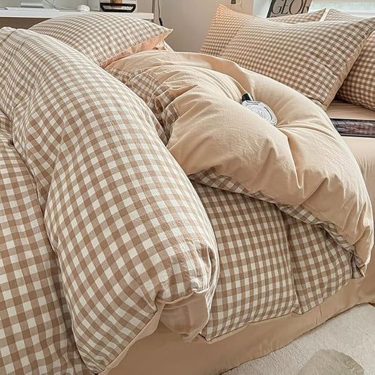 Nayoroom Brown Gingham Duvet Cover Queen Size 100% Washed Cotton Duvet Cover 3 Pieces Soft Breathable Yarn-Dyed Plaid Checkered Girls Dorm Bedding Set for All Seasons